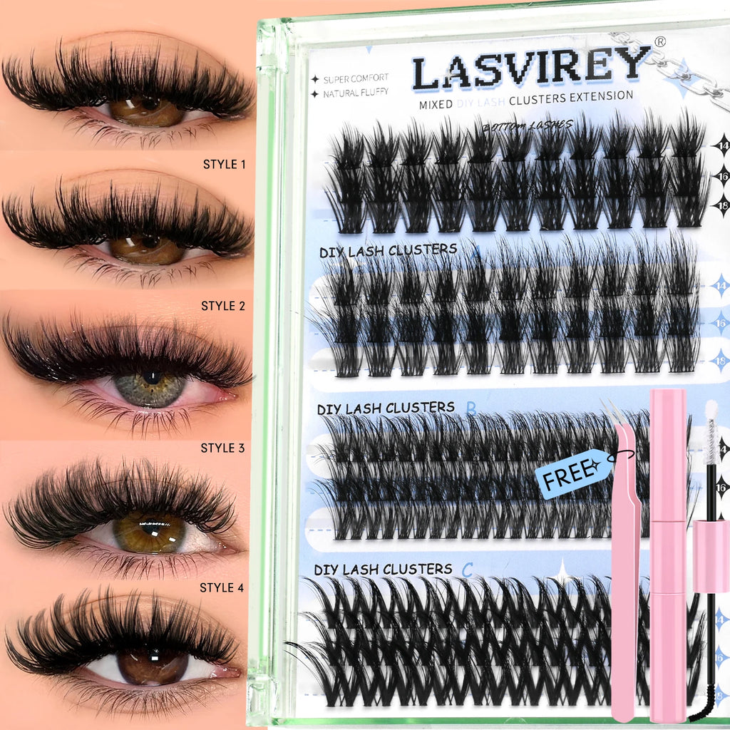 Lasvirey Cluster Lashes Kit DIY Fluffy Lash Clusters 4 IN 1 Mixed Full Set Individual Eyelashes Extension with Lash Bond & Seal